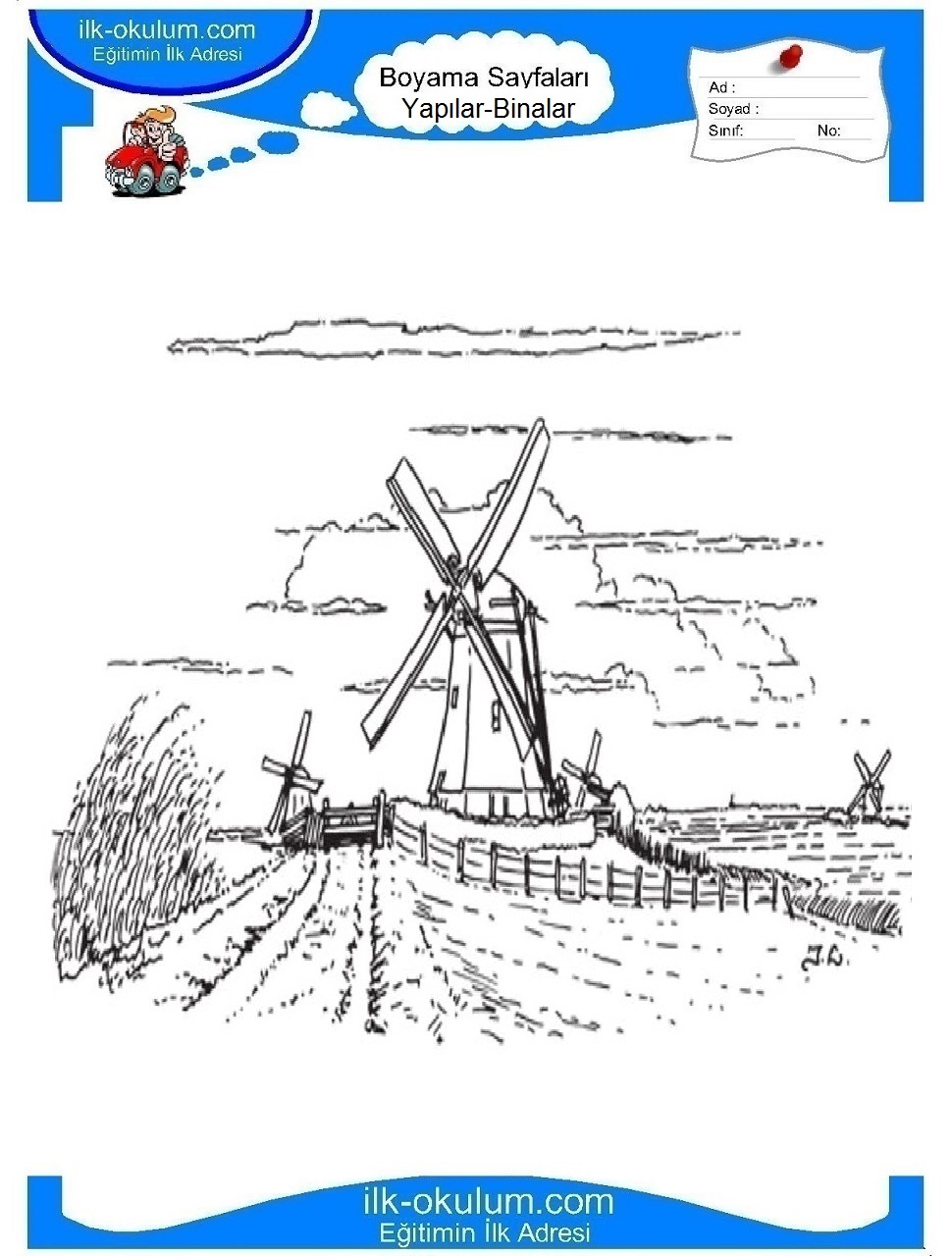 Çocuklar İçin Değirmen Boyama Sayfaları 